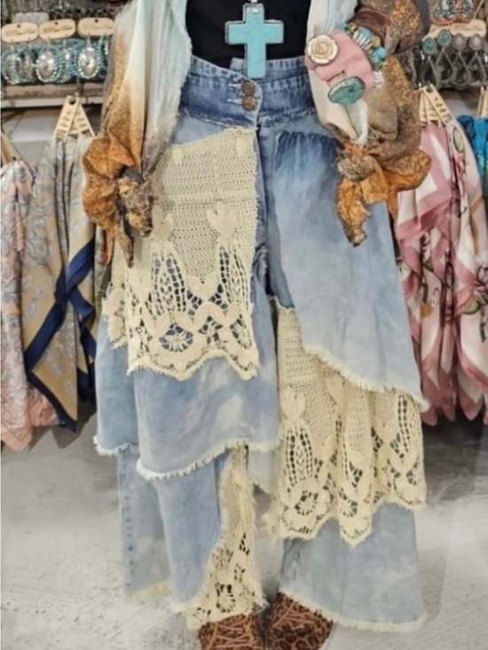 A Rare Bird Pants - A Rare Bird Light Blue Wide-Leg Denim Pants with Cream Crochet Panels- rare